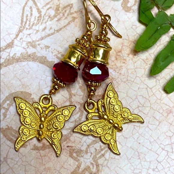 Handmade red gold butterfly earrings long artisan - Picture 4 of 7